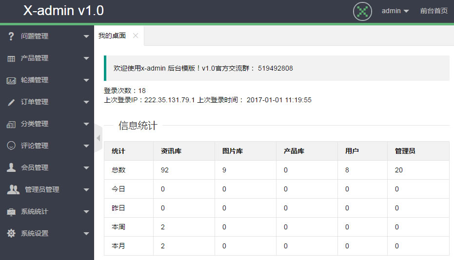 X-admin经典前端后台管理模板